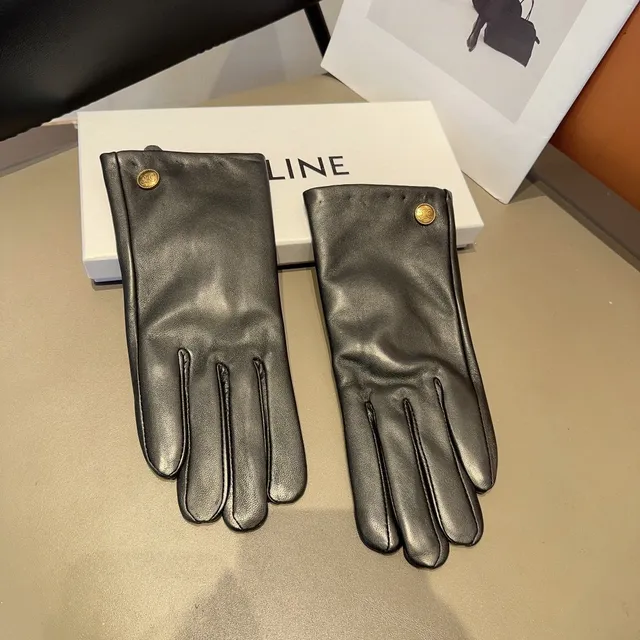 Black Gold Smooth Wrist Snap Closure Leather Gloves 5