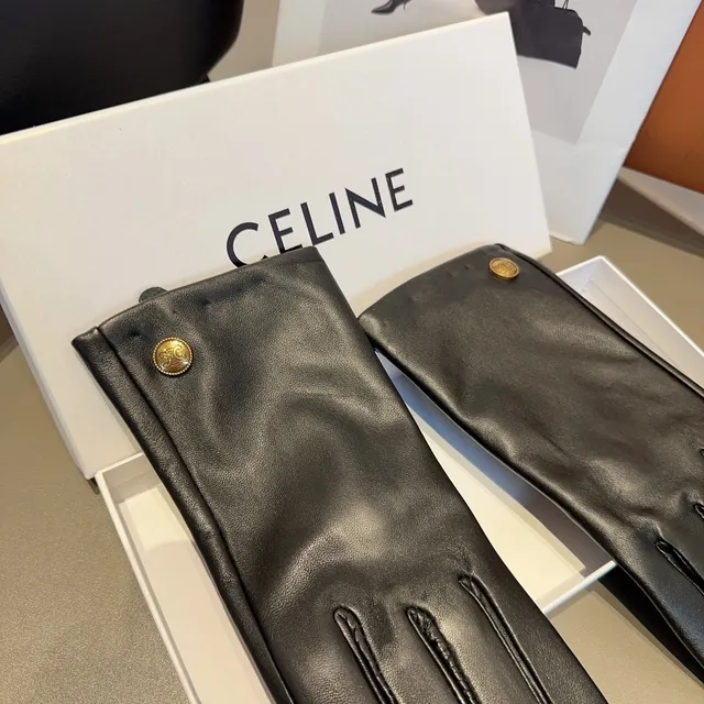 Black Gold Smooth Wrist Snap Closure Leather Gloves 8