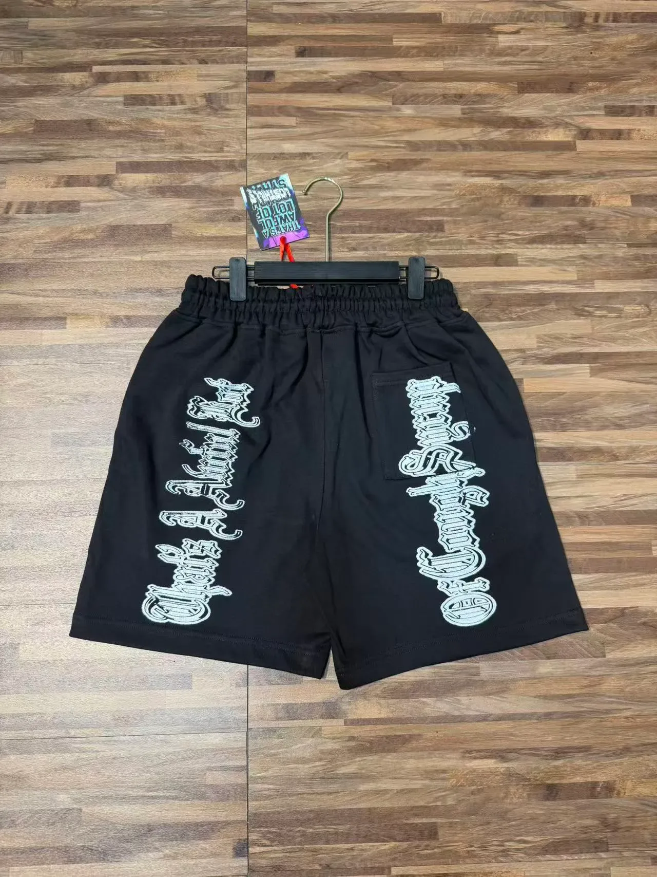 Black Gothic Typography Print Elastic Waist Shorts 6