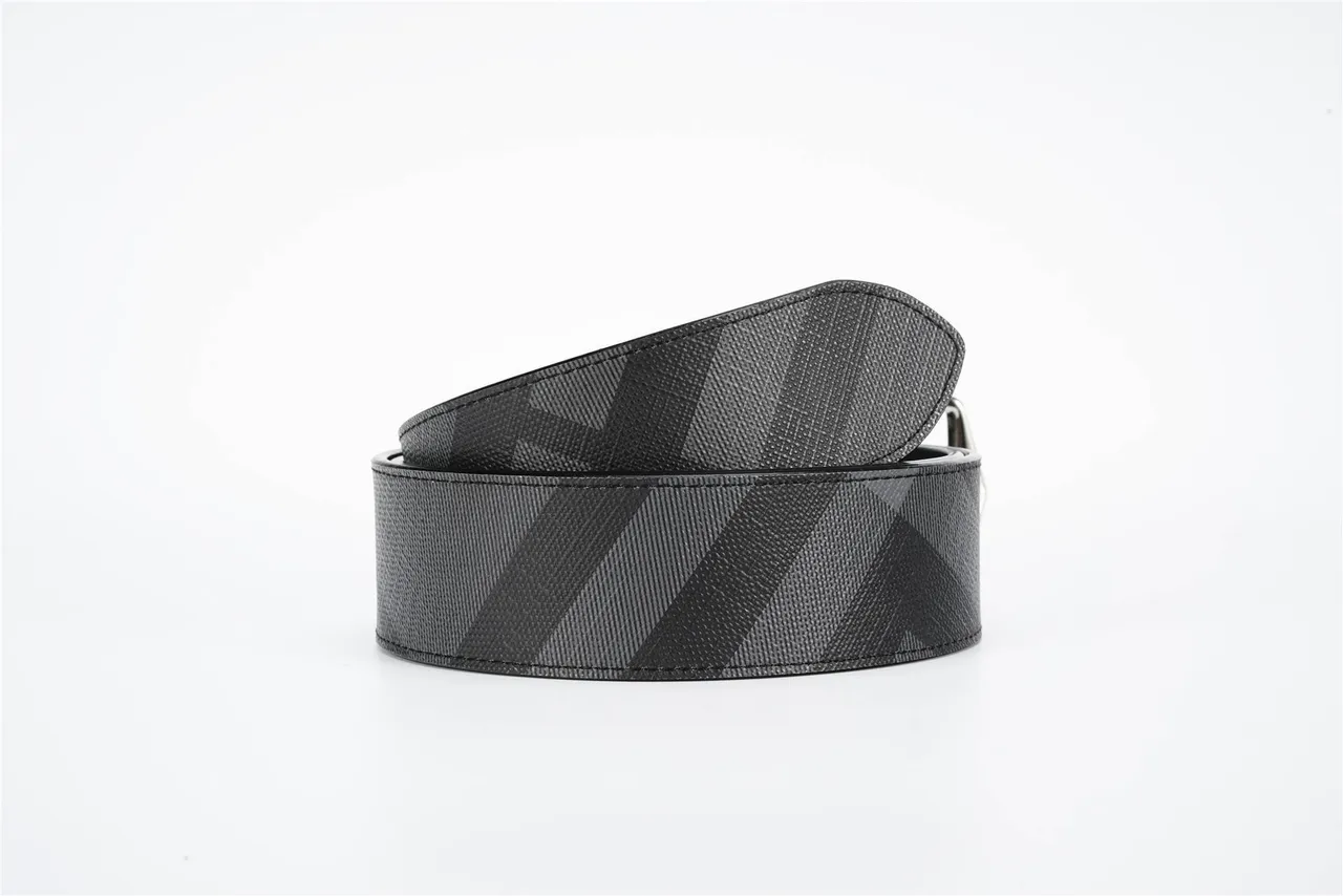 Black Gray Diagonal Check Fabric Trim Leather Belt 4