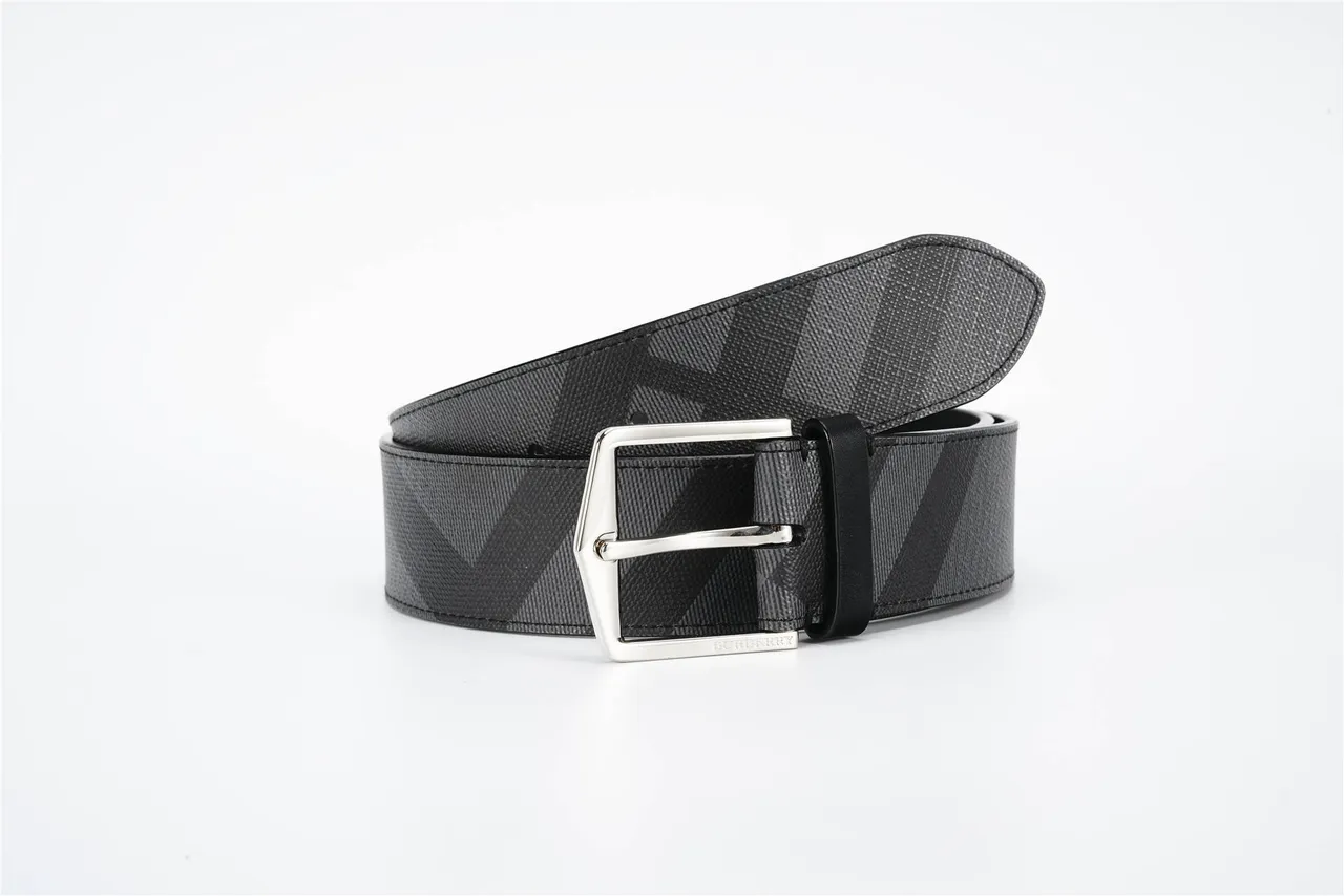 Black Gray Diagonal Check Fabric Trim Leather Belt 5
