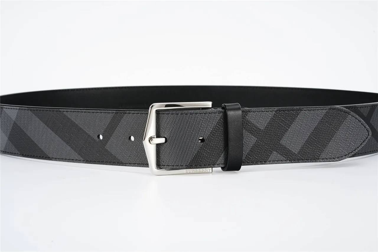 Black Gray Diagonal Check Fabric Trim Leather Belt 8