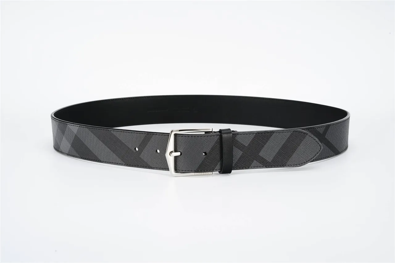 Black Gray Diagonal Check Fabric Trim Leather Belt 9