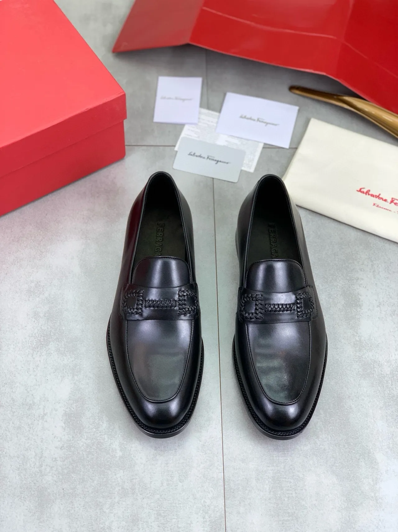 Black Leather Braided Strap Square-Toe Loafers 4