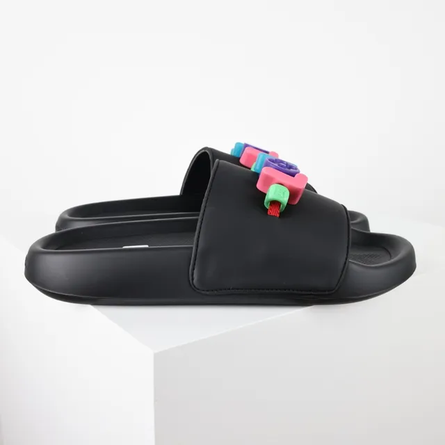 Black Multicolor Molded Rubber Sole Wide Single Strap Slippers 3