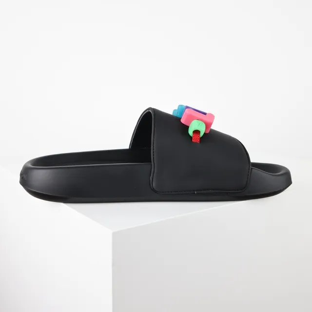 Black Multicolor Molded Rubber Sole Wide Single Strap Slippers 7