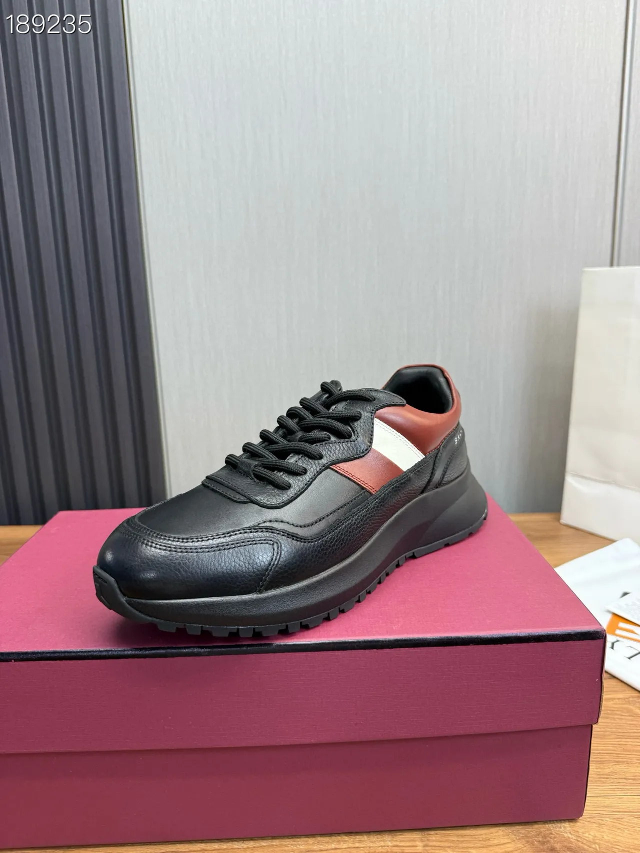 Black Red White Stripe Leather Chunky Sneakers 4