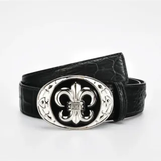Black Silver Crocodile-Embossed Ornate Fleur-De-Lis Buckle Leather Belt