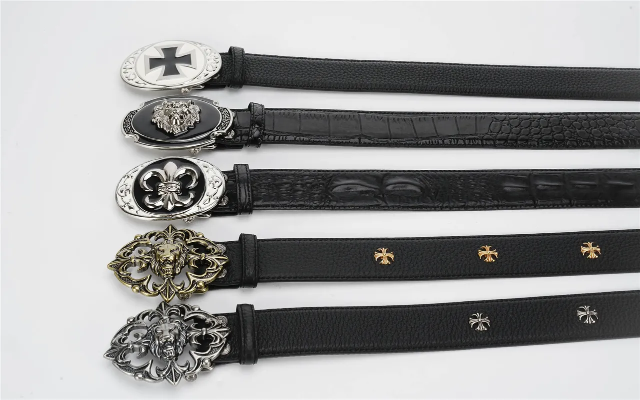 Black Silver Crocodile-Embossed Ornate Fleur-De-Lis Buckle Leather Belt 3