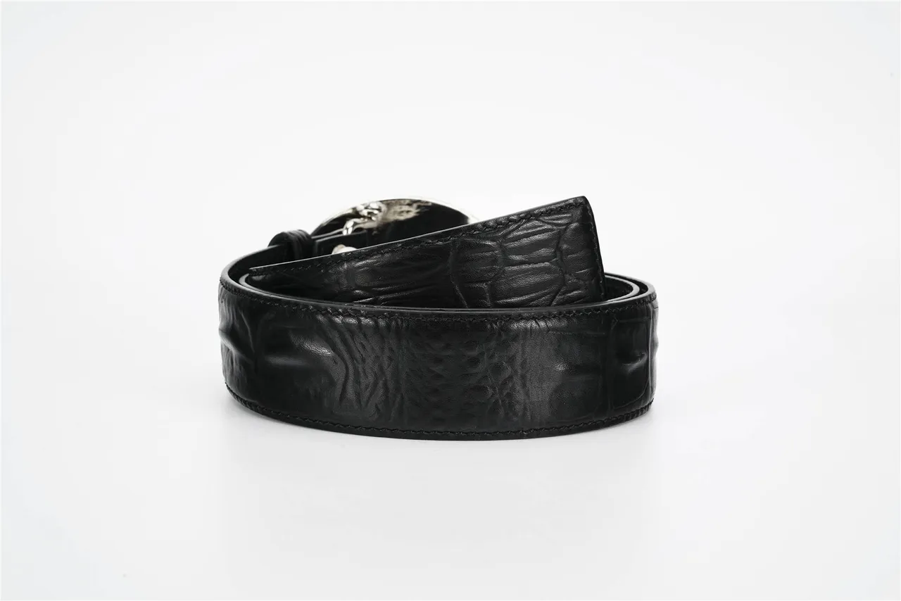 Black Silver Crocodile-Embossed Ornate Fleur-De-Lis Buckle Leather Belt 4