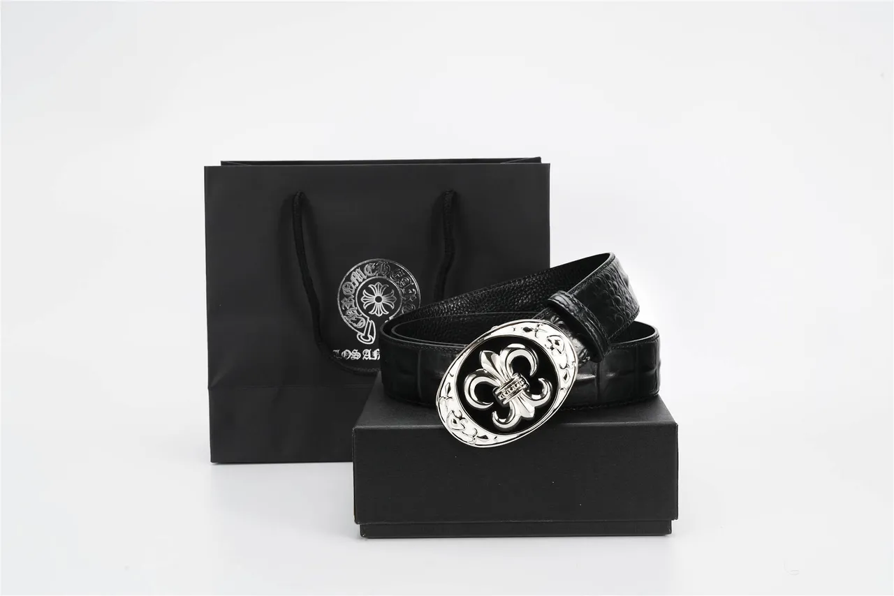 Black Silver Crocodile-Embossed Ornate Fleur-De-Lis Buckle Leather Belt 5