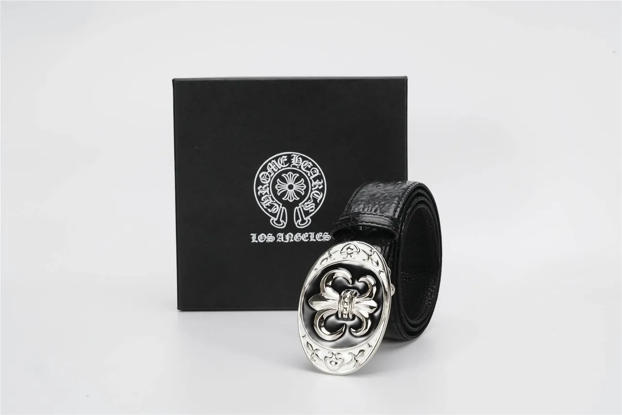 Black Silver Crocodile-Embossed Ornate Fleur-De-Lis Buckle Leather Belt 6