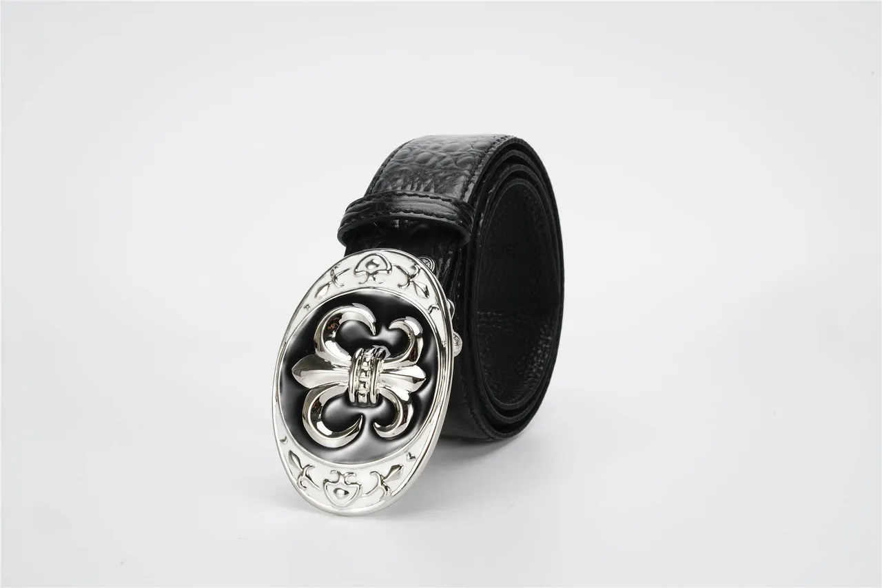 Black Silver Crocodile-Embossed Ornate Fleur-De-Lis Buckle Leather Belt 7