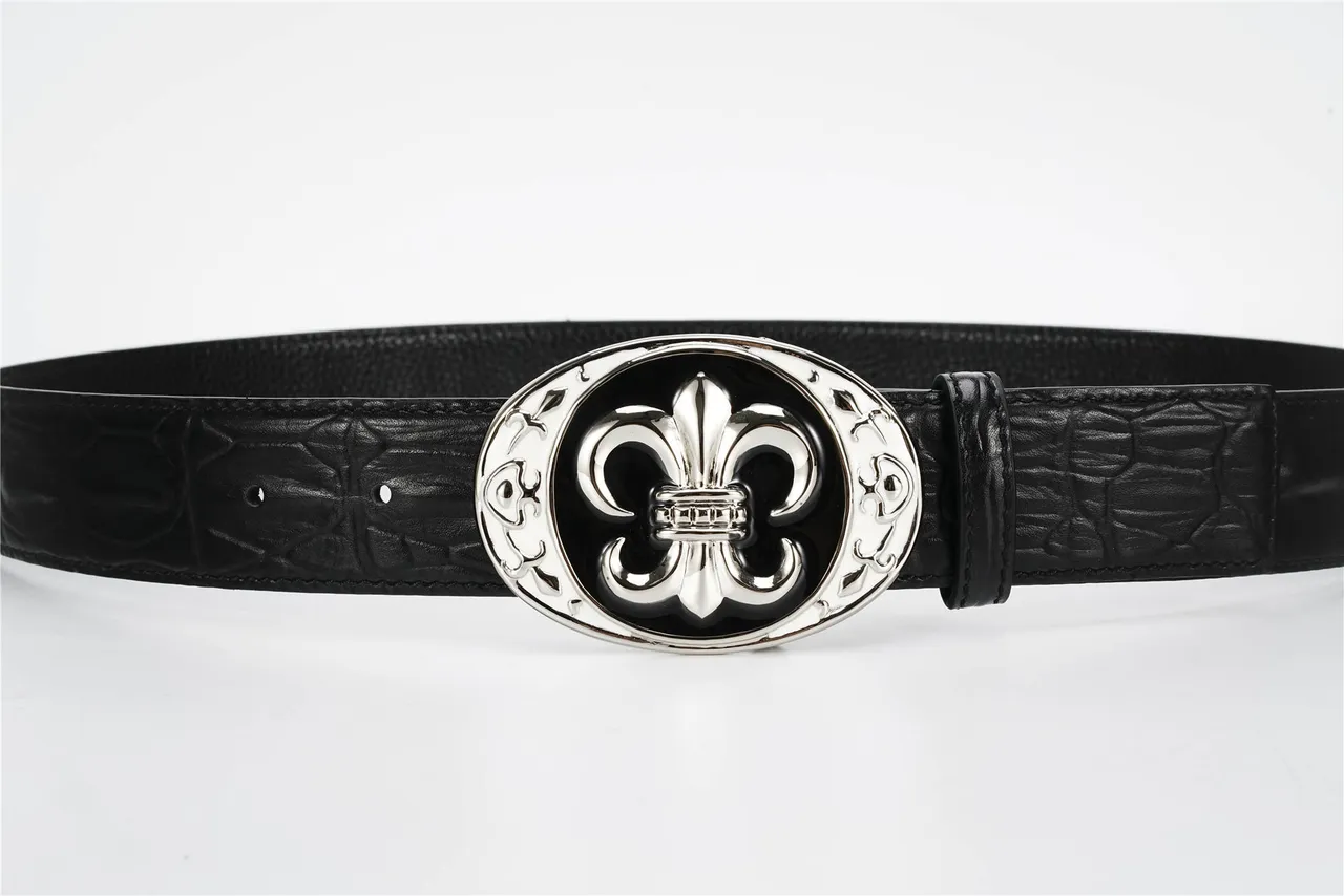 Black Silver Crocodile-Embossed Ornate Fleur-De-Lis Buckle Leather Belt 8