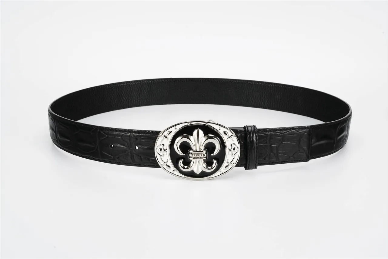 Black Silver Crocodile-Embossed Ornate Fleur-De-Lis Buckle Leather Belt 9