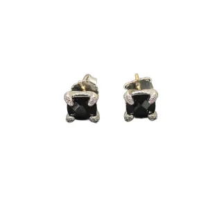 Black Silver Faceted Square Center Stone Four-Prong Claw Setting Earrings