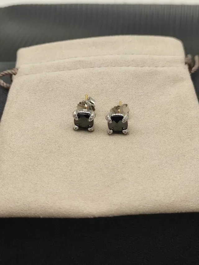Black Silver Faceted Square Center Stone Four-Prong Claw Setting Earrings 8