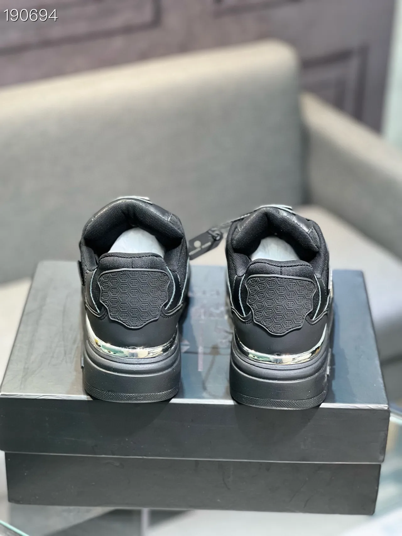 Black Silver Leather-and-Mesh Upper Metallic Hexagonal Side Emblem Chunky Sneakers 2