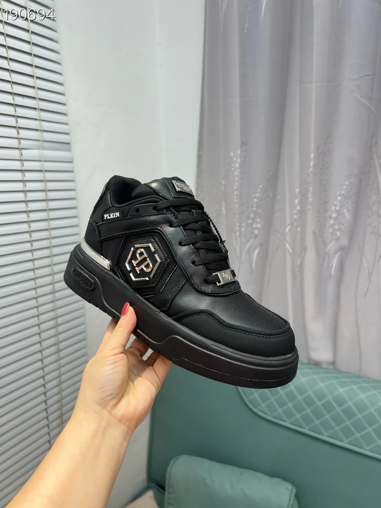 Black Silver Leather-and-Mesh Upper Metallic Hexagonal Side Emblem Chunky Sneakers 4