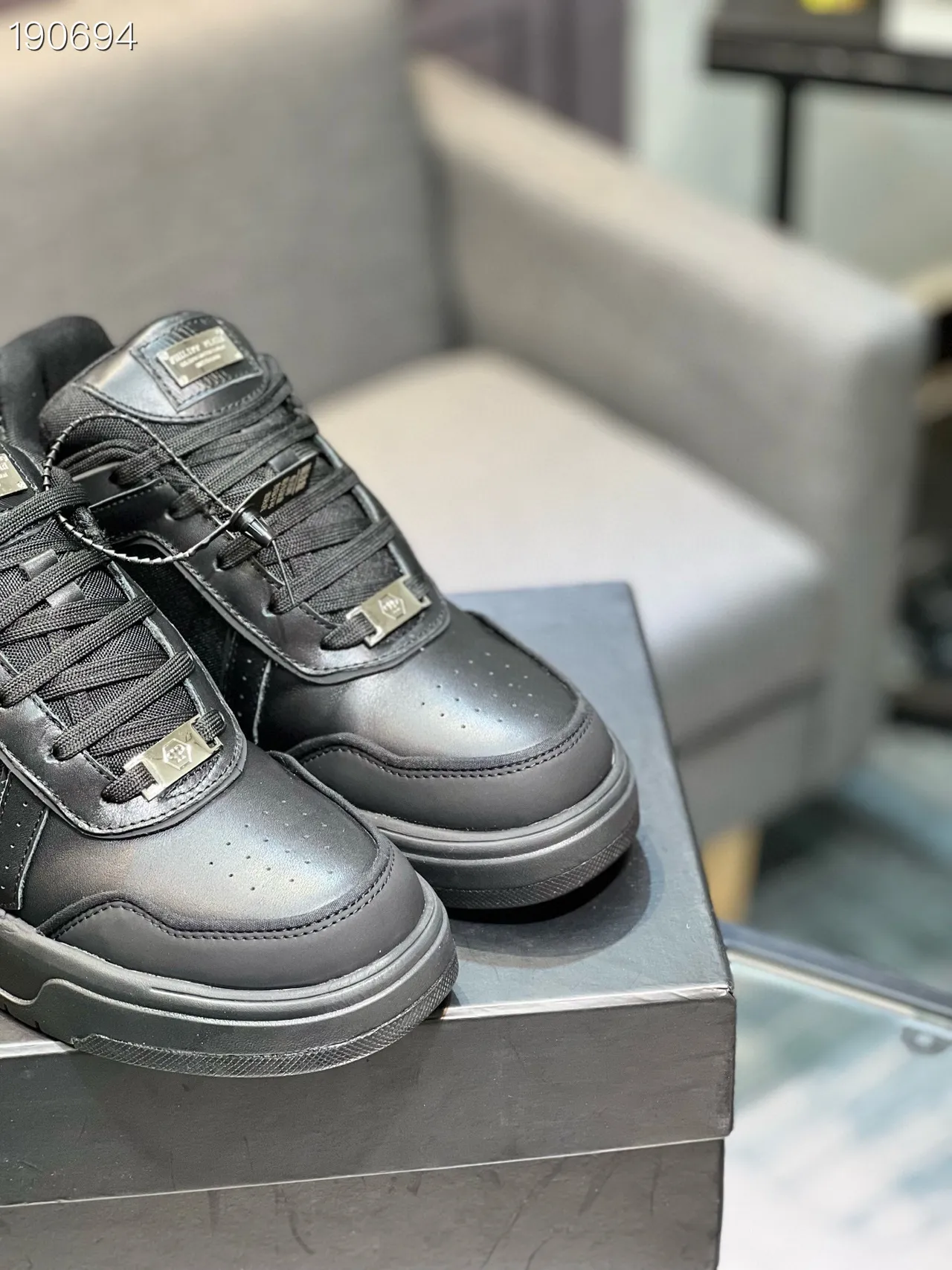 Black Silver Leather-and-Mesh Upper Metallic Hexagonal Side Emblem Chunky Sneakers 6