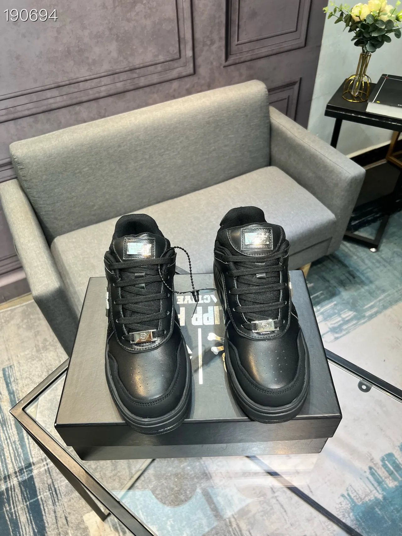 Black Silver Leather-and-Mesh Upper Metallic Hexagonal Side Emblem Chunky Sneakers 7