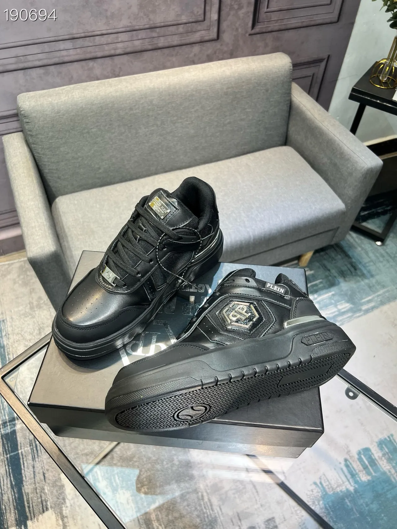 Black Silver Leather-and-Mesh Upper Metallic Hexagonal Side Emblem Chunky Sneakers 8