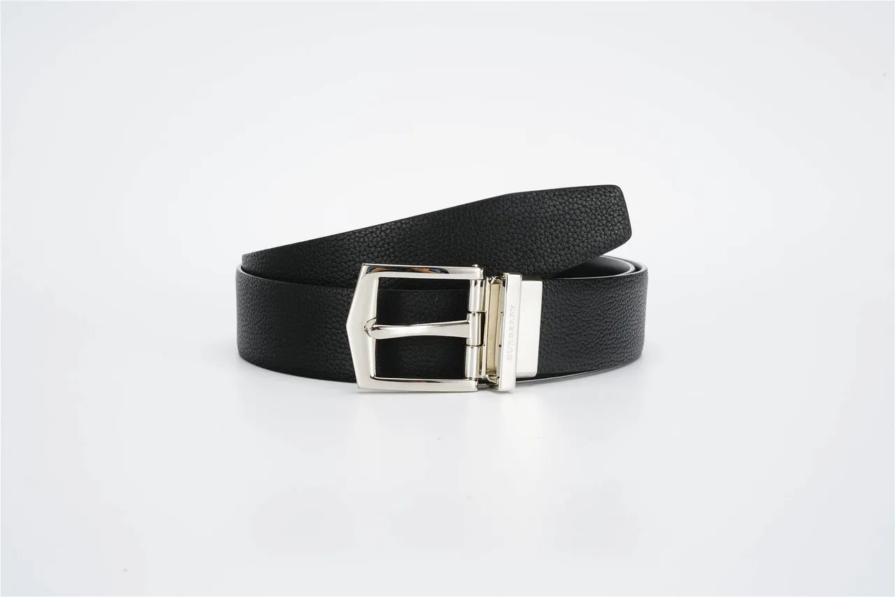 Black Silver Pebbled Reversible Buckle Leather Belt 4