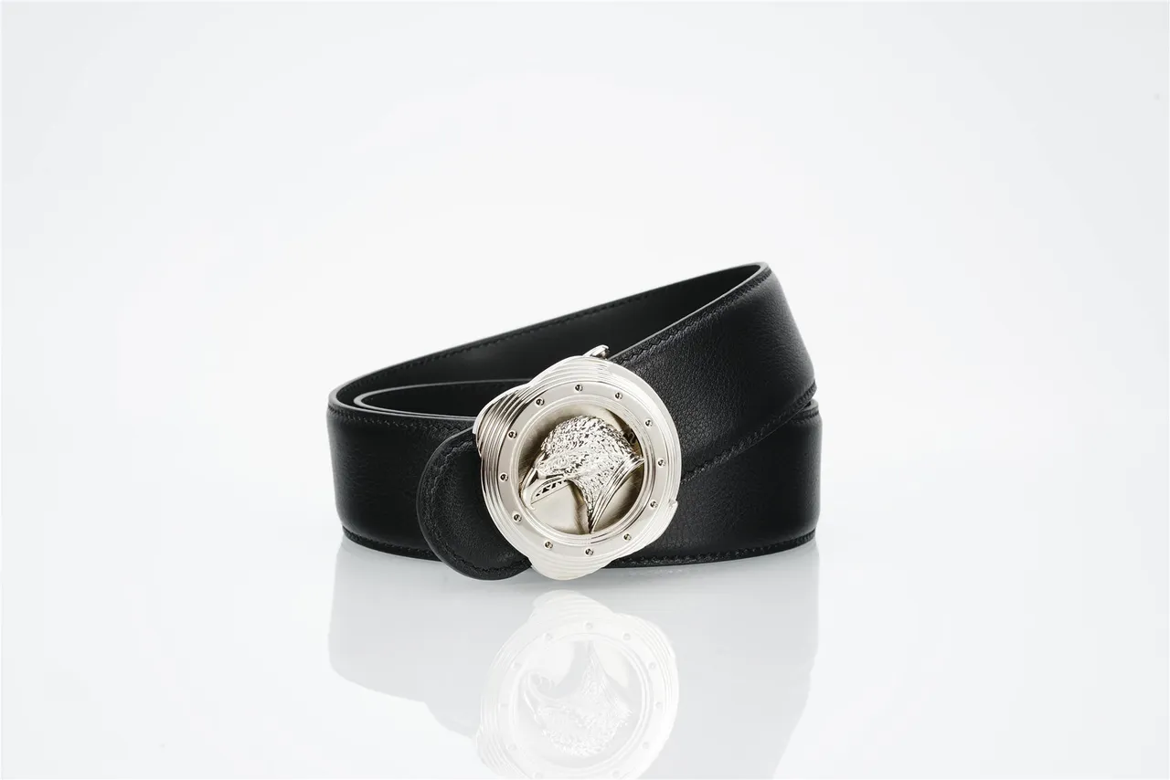 Black Silver Pebbled Strap Sculpted Eagle Head Buckle Leather Belt 4