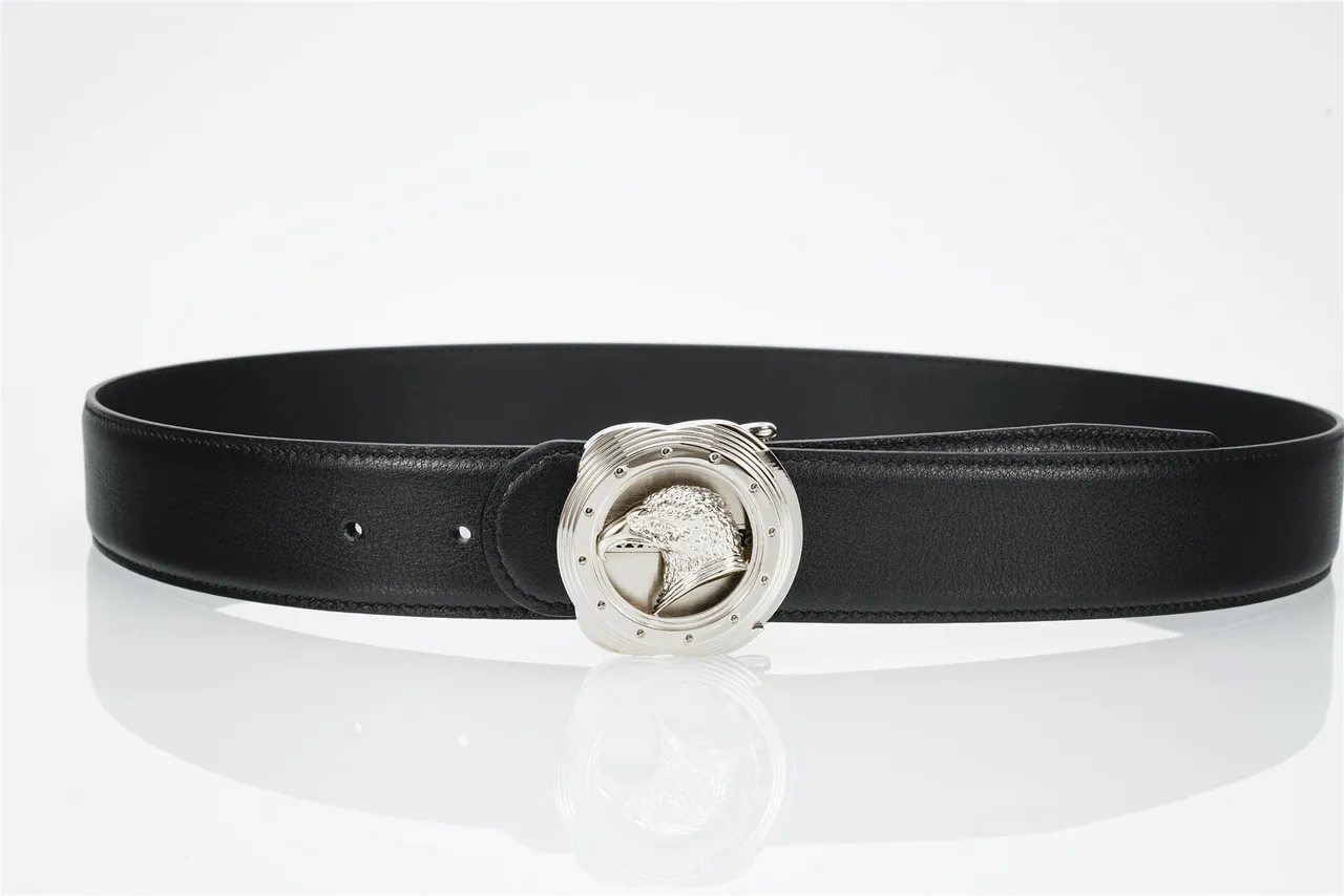 Black Silver Pebbled Strap Sculpted Eagle Head Buckle Leather Belt 8