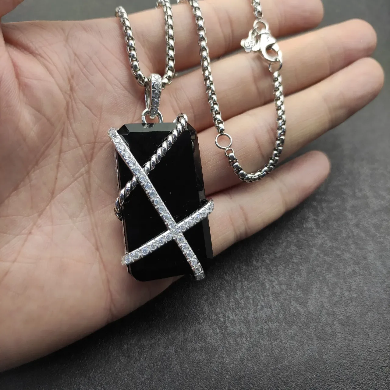 Black Silver Rectangular Stone Twisted Rope Band Necklace 3