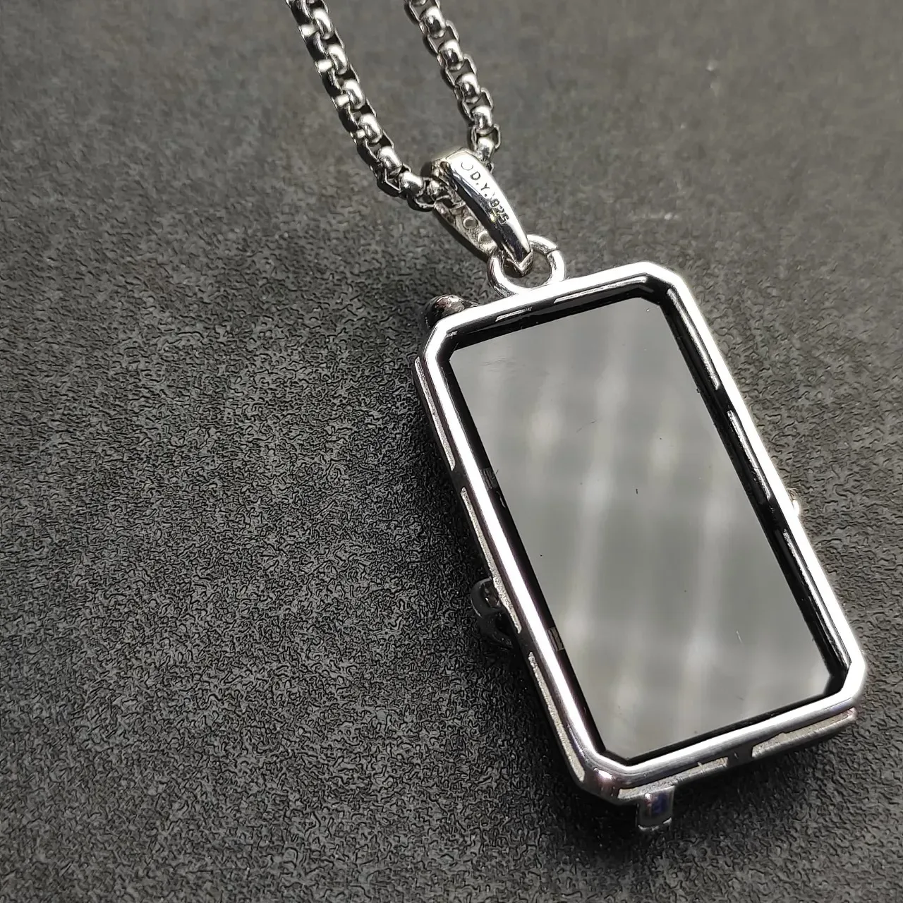 Black Silver Rectangular Stone Twisted Rope Band Necklace 4