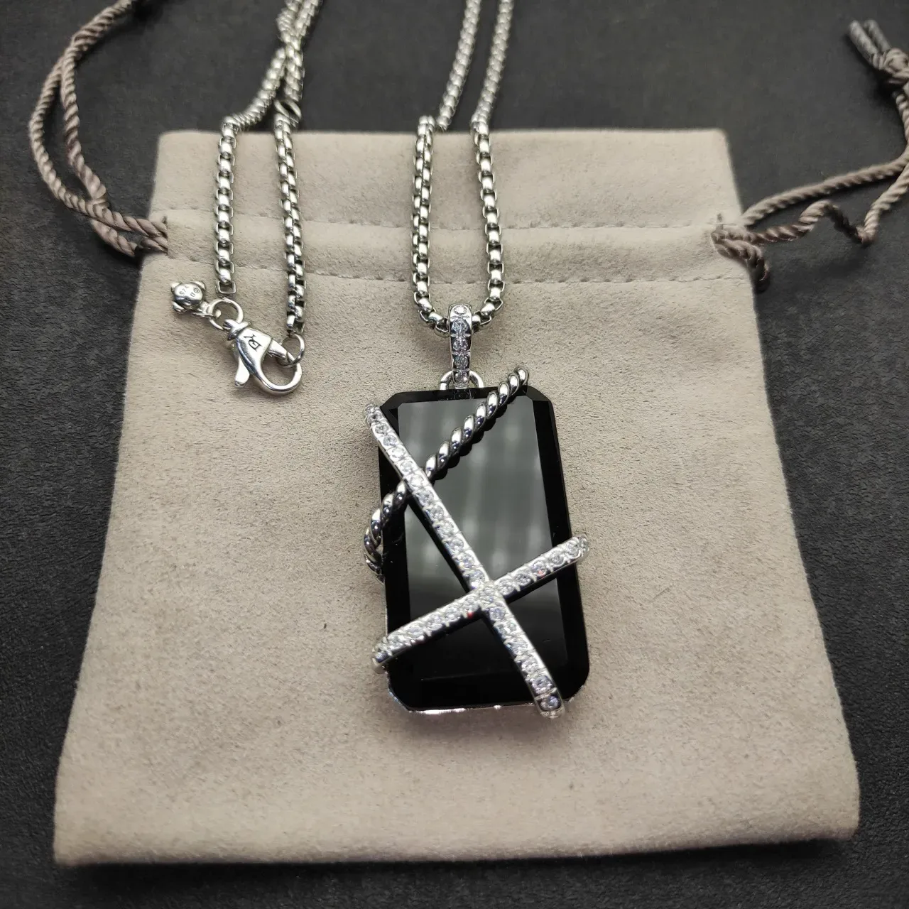 Black Silver Rectangular Stone Twisted Rope Band Necklace 6