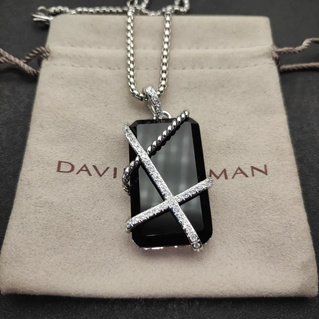 Black Silver Rectangular Stone Twisted Rope Band Necklace 7