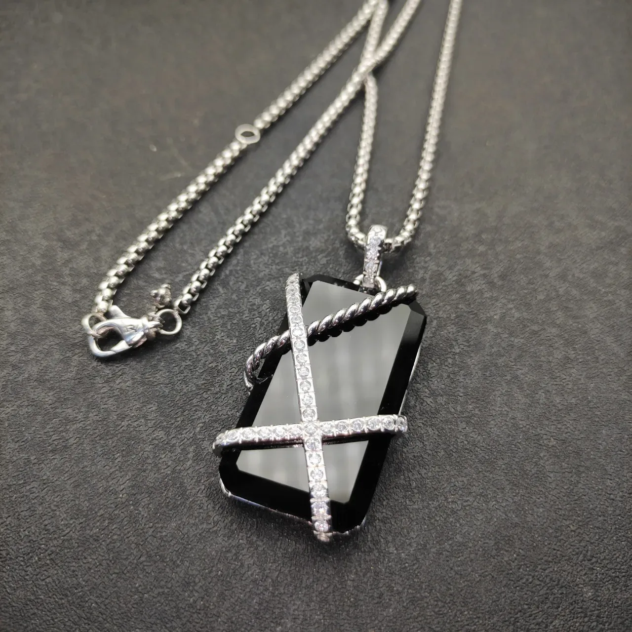 Black Silver Rectangular Stone Twisted Rope Band Necklace 8