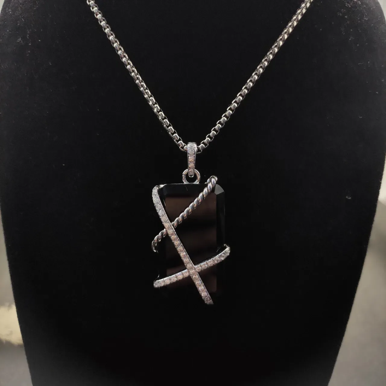 Black Silver Rectangular Stone Twisted Rope Band Necklace 9