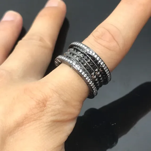 Black Silver Stacked Multi-Band Pavé Crystal Ring 6