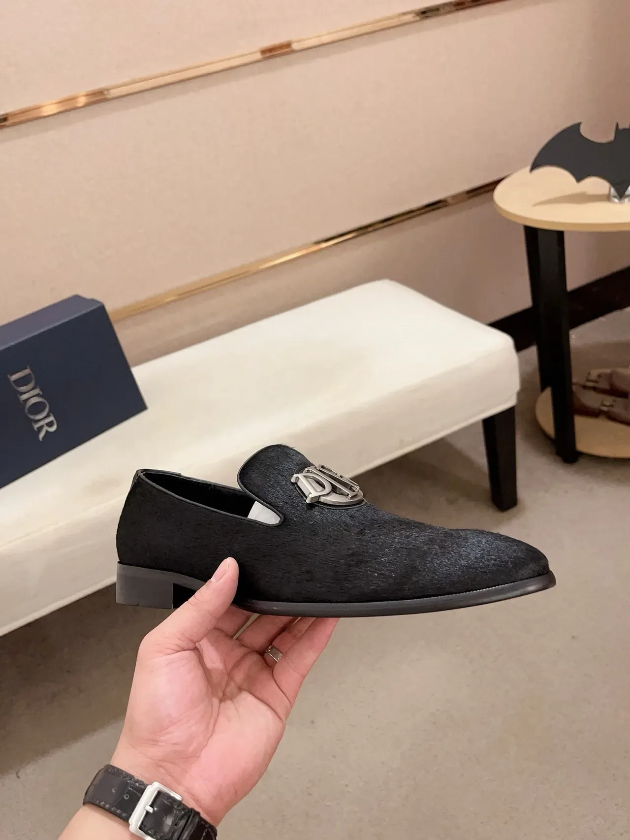Black Silver Textured Suede-Like Upper Metallic Monogram Ornament Loafer 5