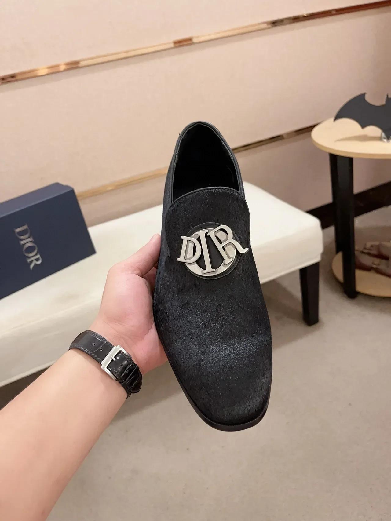 Black Silver Textured Suede-Like Upper Metallic Monogram Ornament Loafer 6