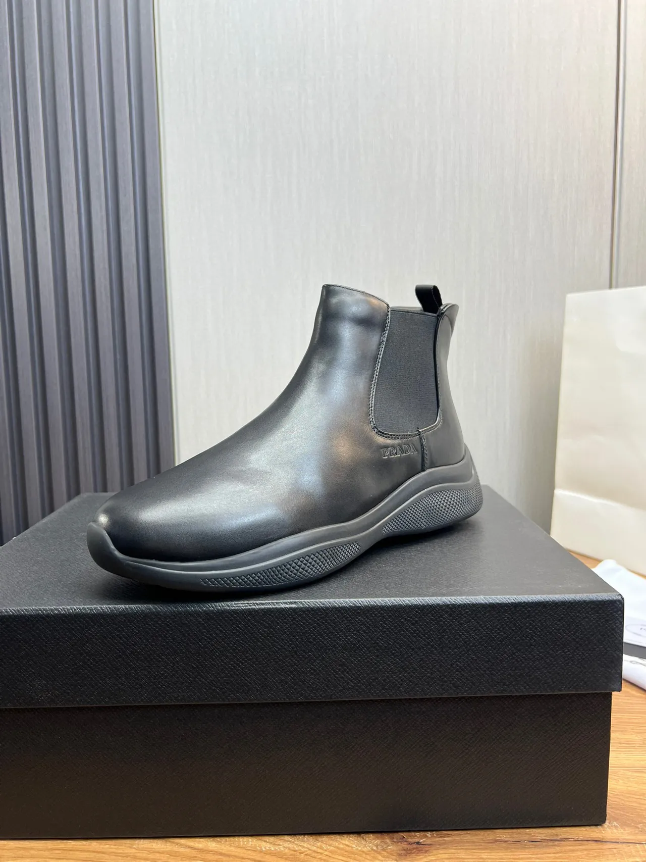 Black Smooth Leather Elastic Side Panel Ankle Boots 2