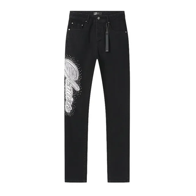 Black White Slim-Fit Denim Rhinestone Script Embellishment Jeans 2