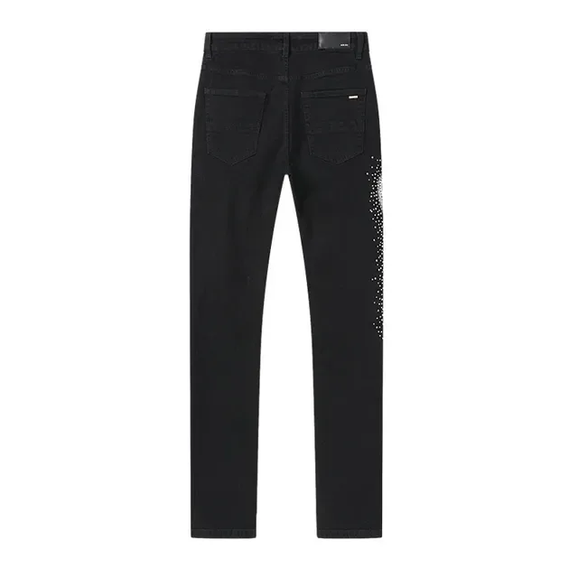 Black White Slim-Fit Denim Rhinestone Script Embellishment Jeans 3