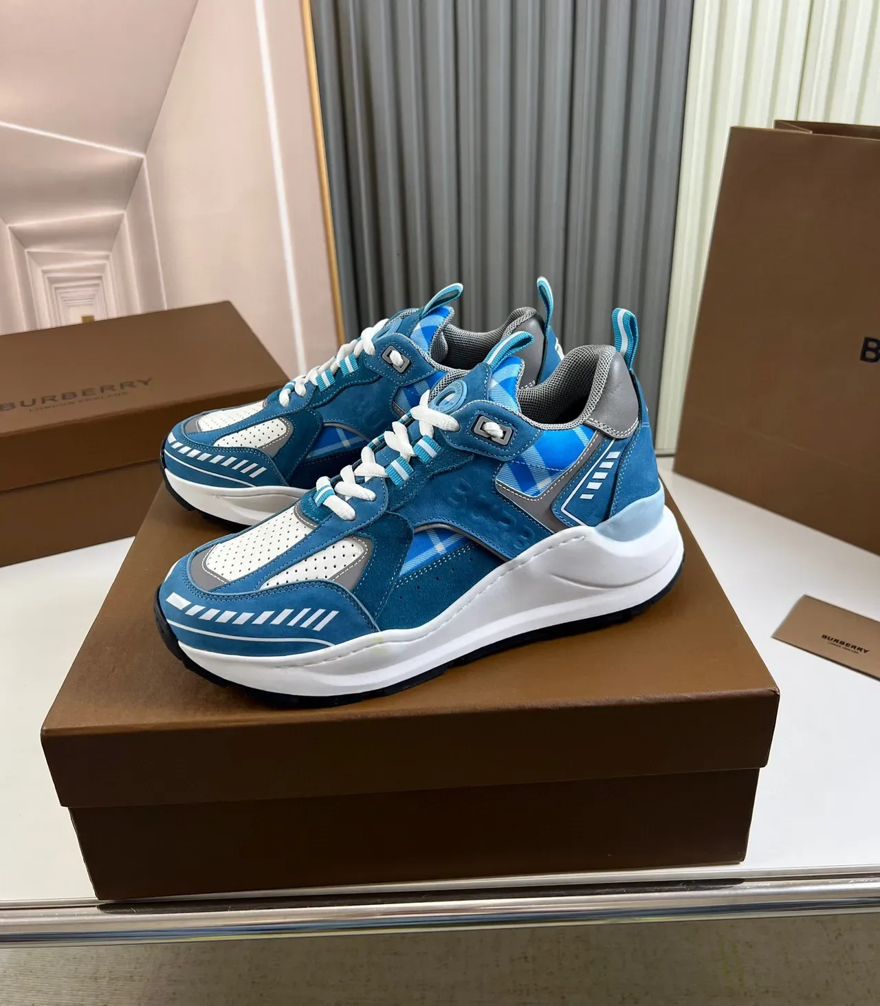 Blue and White Multi-Material Chunky Sole Lifestyle Sneaker 7