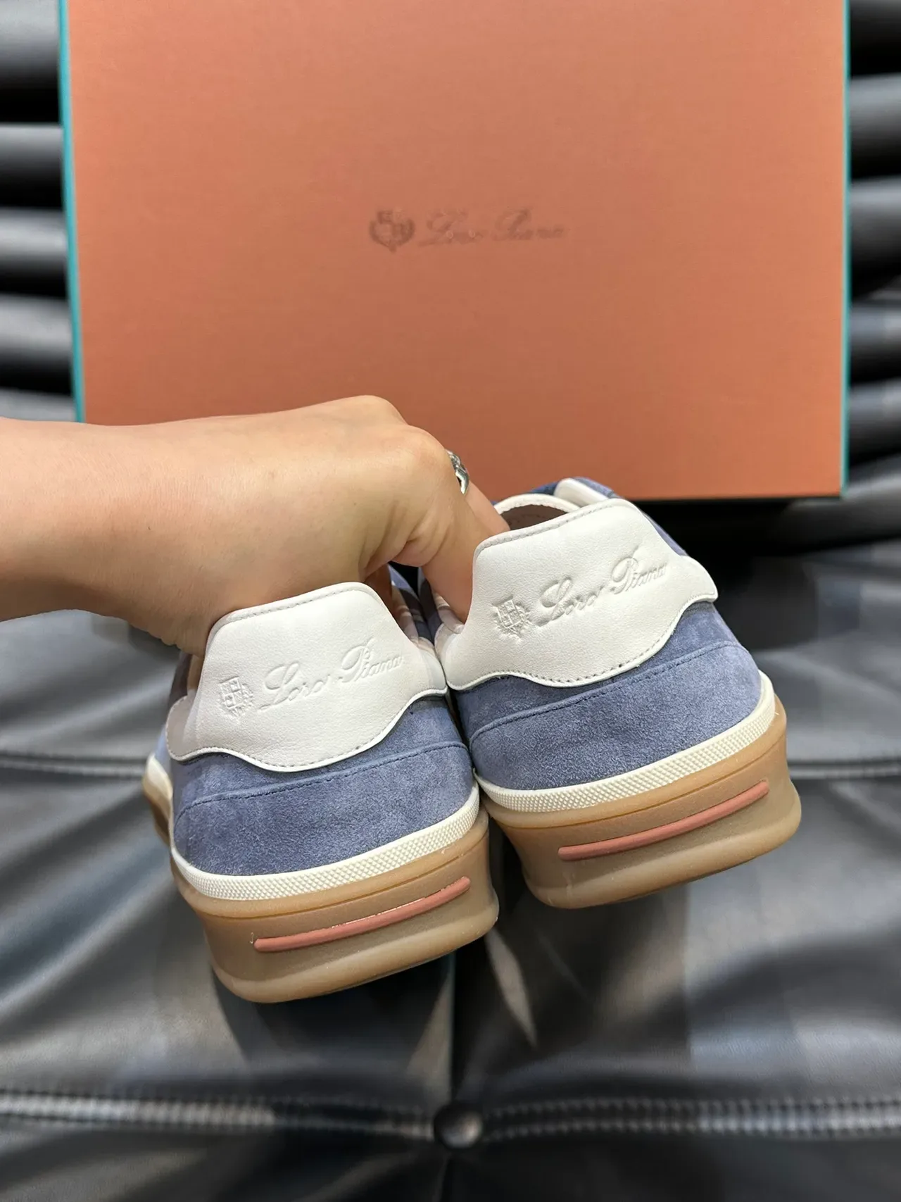 Blue Beige Suede Upper Contrast Cream Heel Tab Sneakers 3