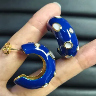 Blue Enamel Polka-Dot Gold-Trimmed C-Hoop Earrings