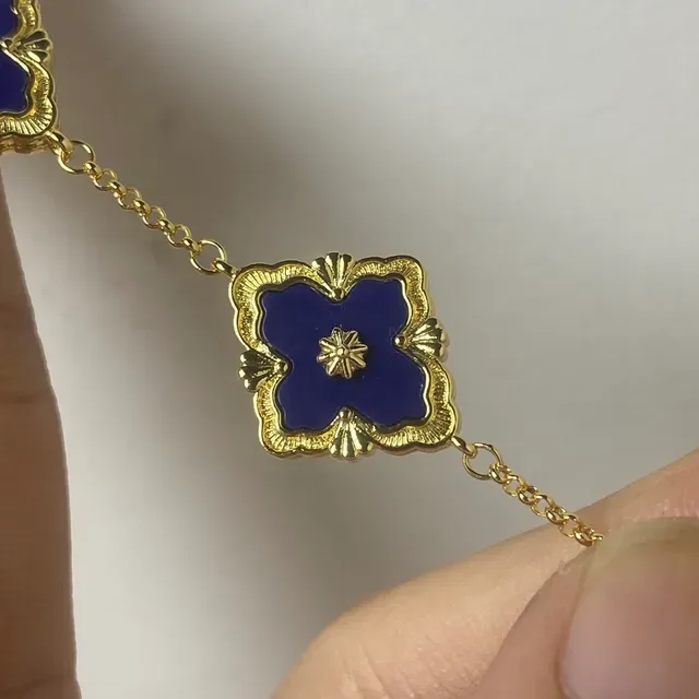 Blue Gold Chain Enamel Floral Motifs Bracelet 2