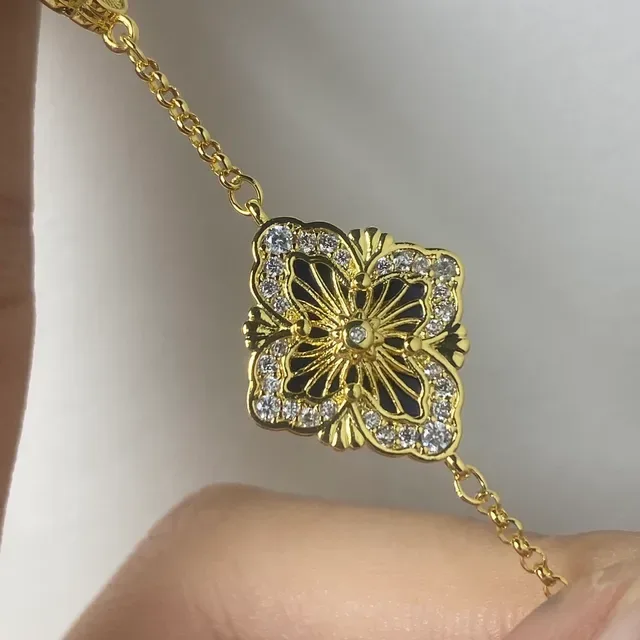 Blue Gold Chain Enamel Floral Motifs Bracelet 3
