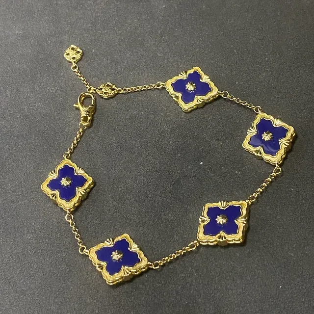 Blue Gold Chain Enamel Floral Motifs Bracelet 4