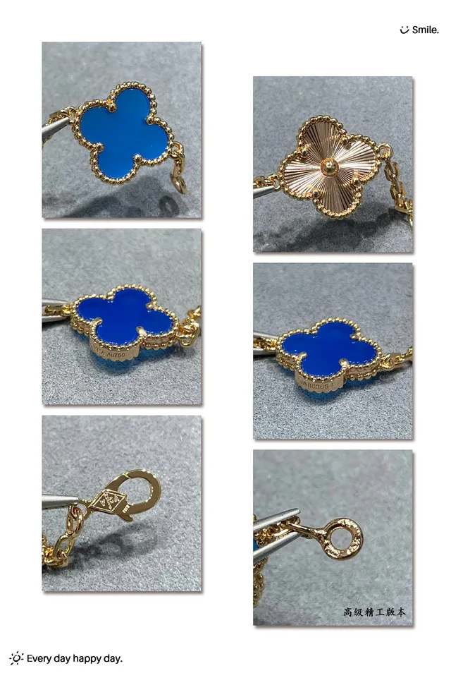 Blue Gold Chain-Link Clover-Shaped Enamel Charms Bracelet 6