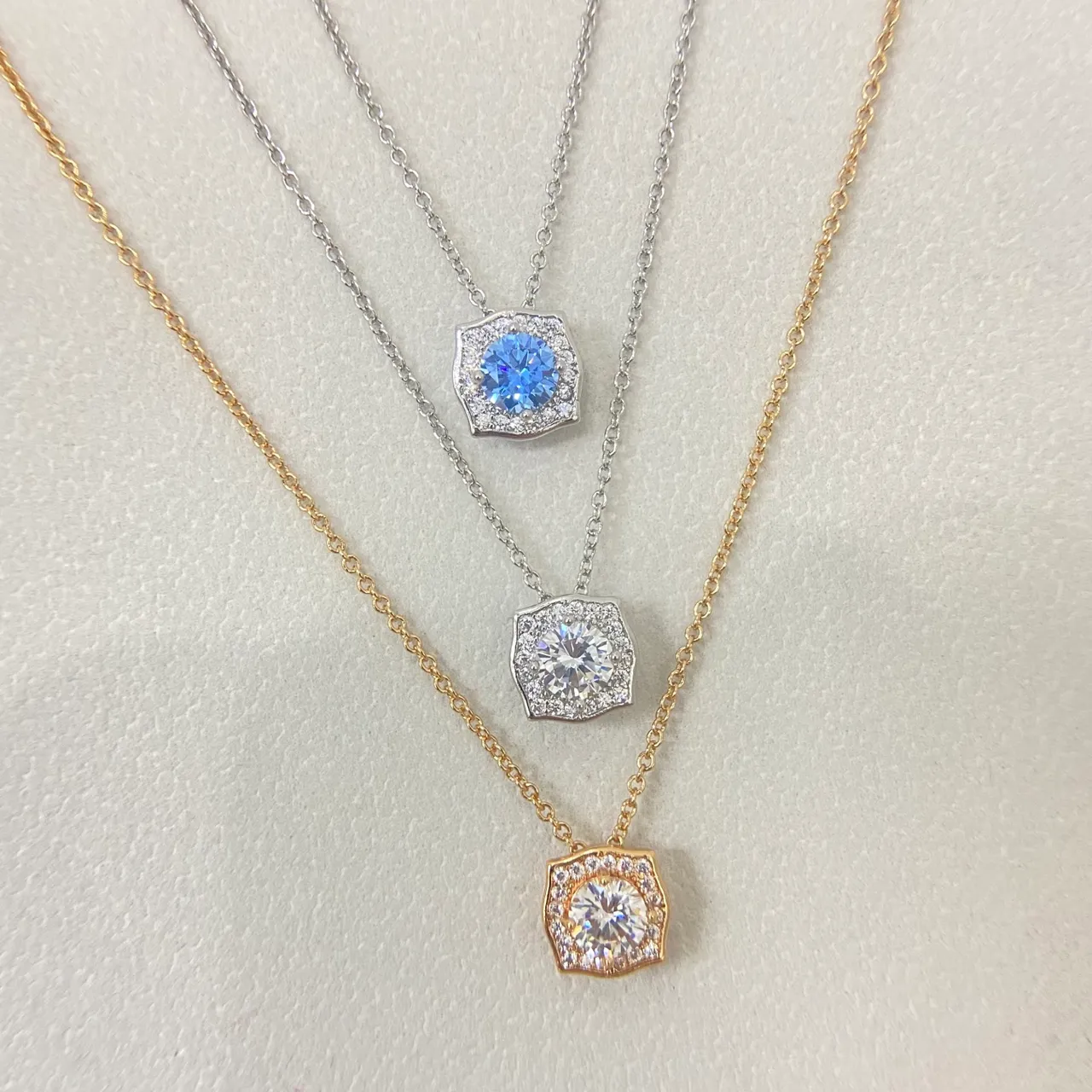 Blue Gold Geometric Halo Setting Round Center Stone Necklace 2