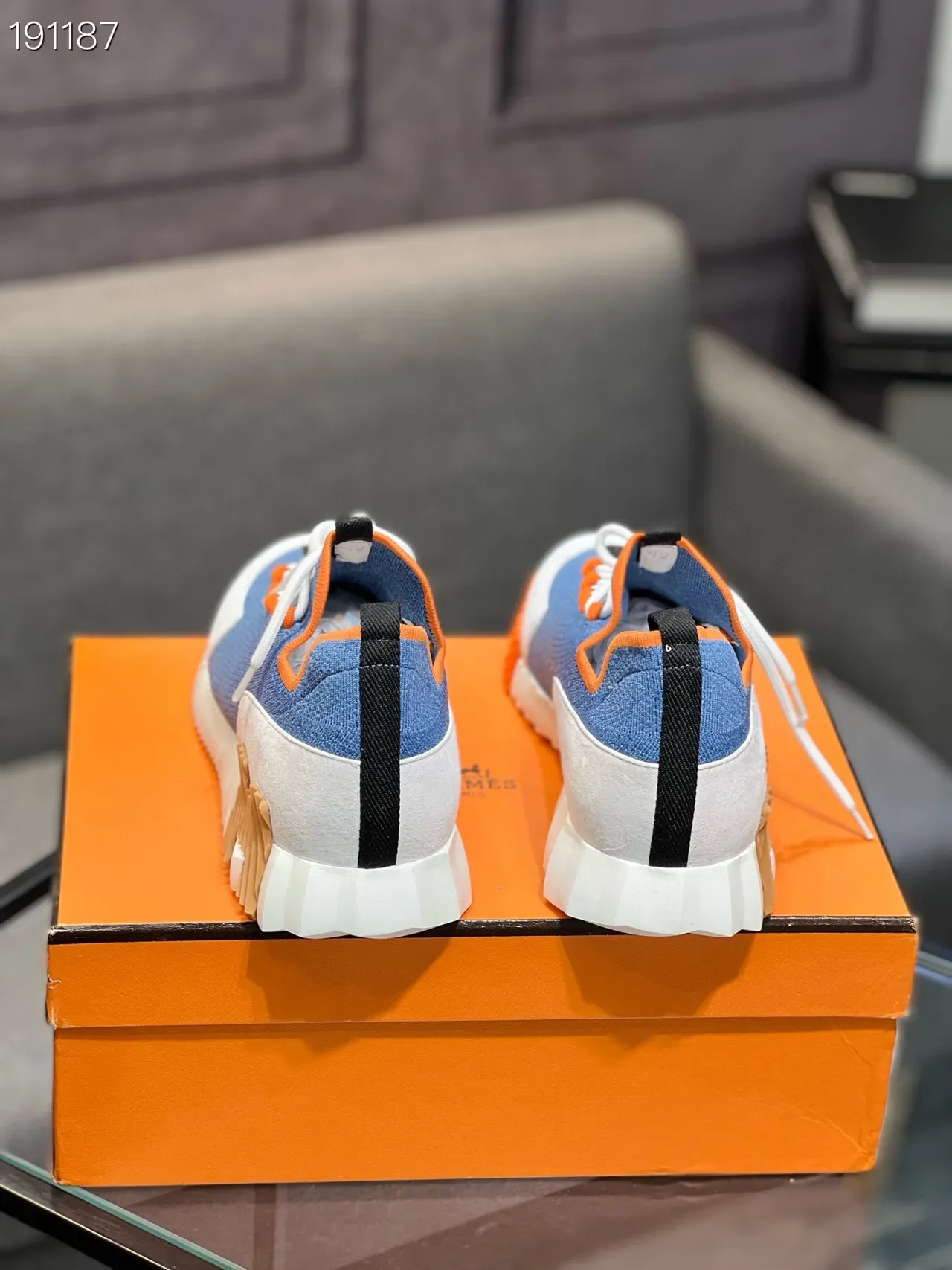 Blue Orange Denim-Knit Upper Contrast Piping Sneakers 2